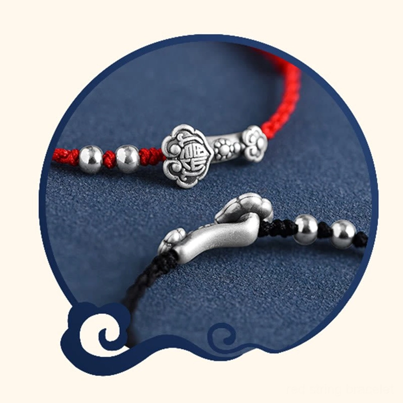 Handmade Ruyi Fu Red String Bracelet - 925 Silver Beads Detail