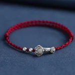 Ruyi Fu Character Sterling Silver Red String Bracelet - Dark Red Cord with Silver Charm and Beads
