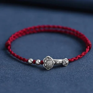 Ruyi Fu Character Sterling Silver Red String Bracelet - Dark Red Cord with Silver Charm and Beads