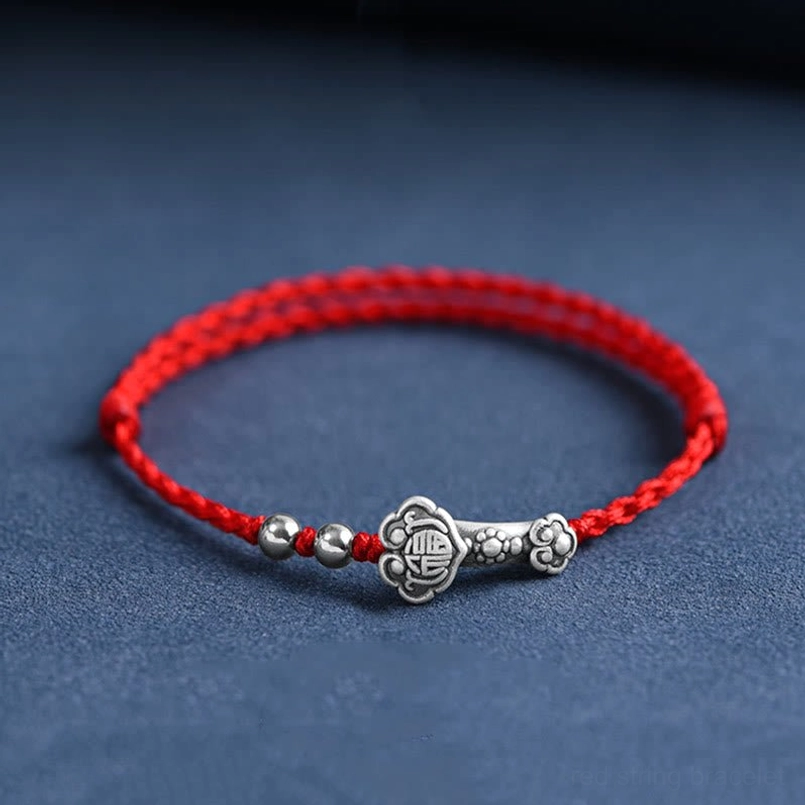 Ruyi Fu Character Sterling Silver Red String Bracelet - Red Cord Version