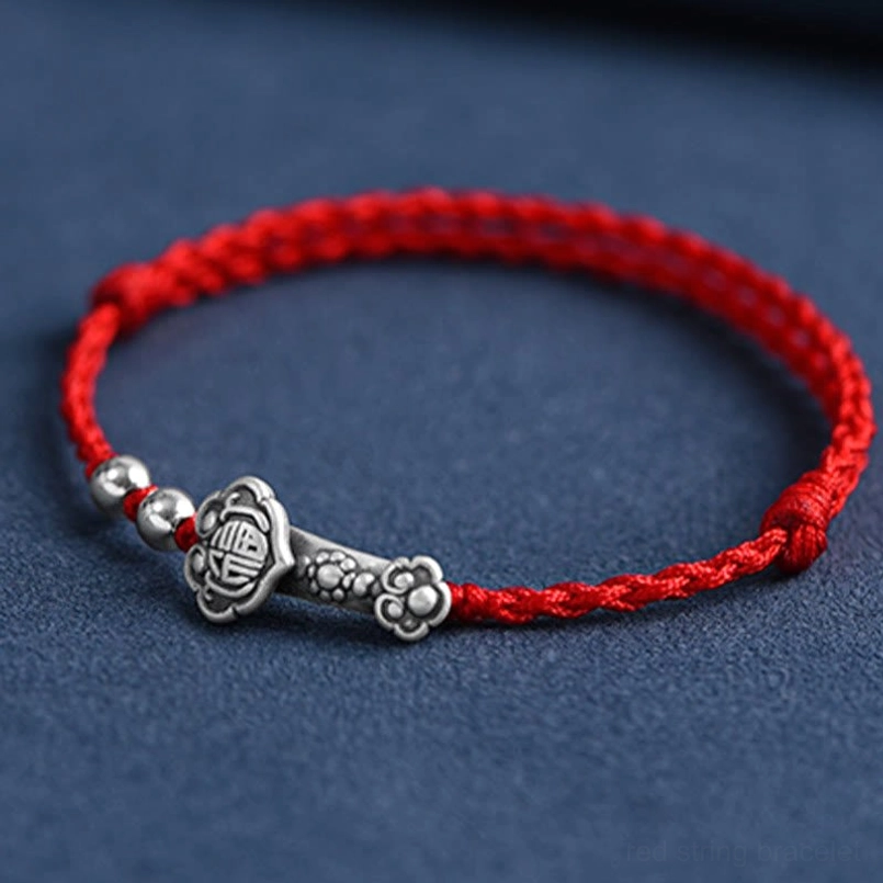 Sterling Silver Ruyi Fu Bracelet with Red String and Silver Accents