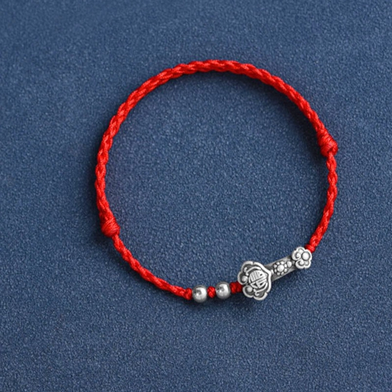 Ruyi Fu Sterling Silver Bracelet - Red Cord with Fu Character Charm