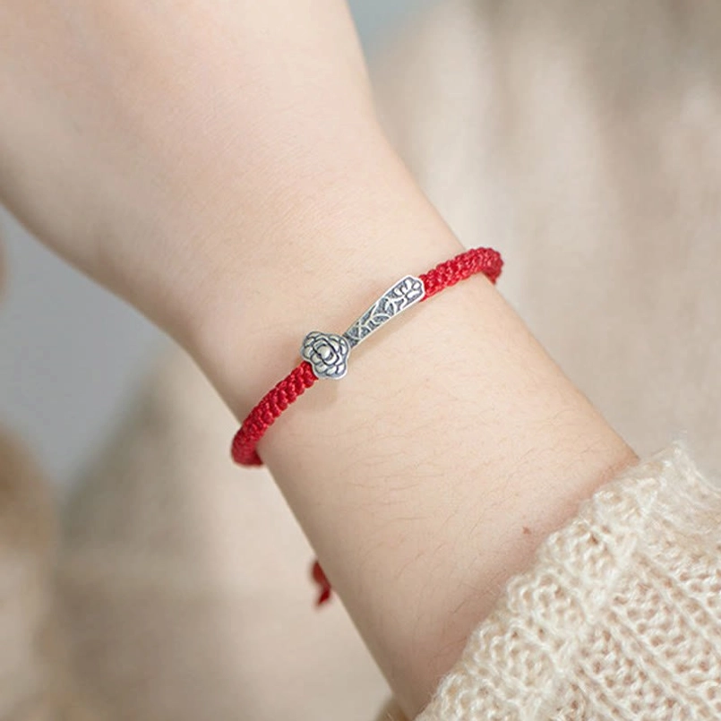925 sterling silver Ruyi charm bracelet with protective red thread and destined connection symbolism