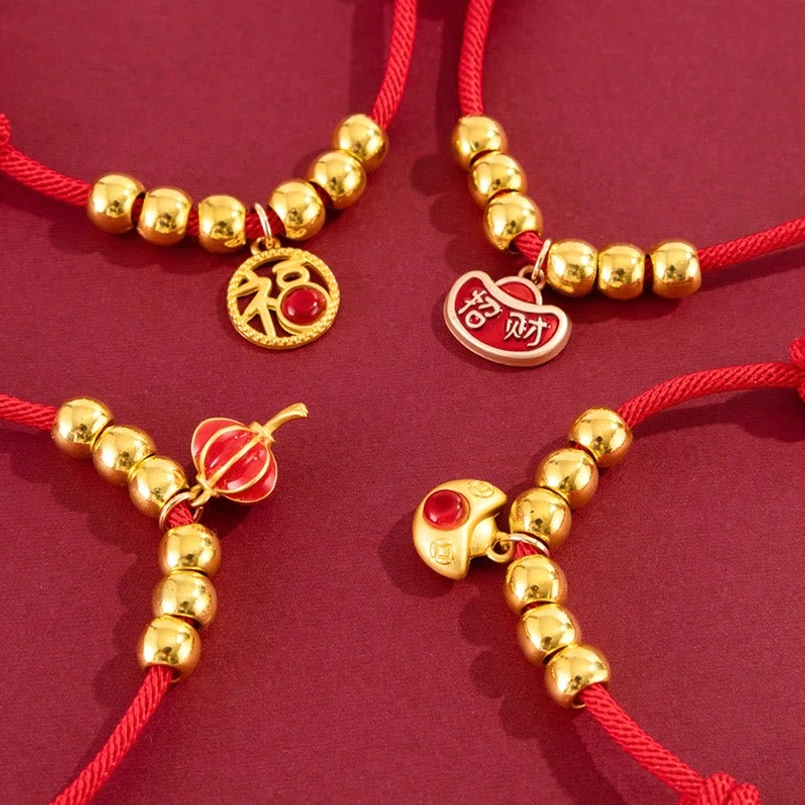 Sacred red string pet collar with fu character blessing symbol, handmade with gold accents