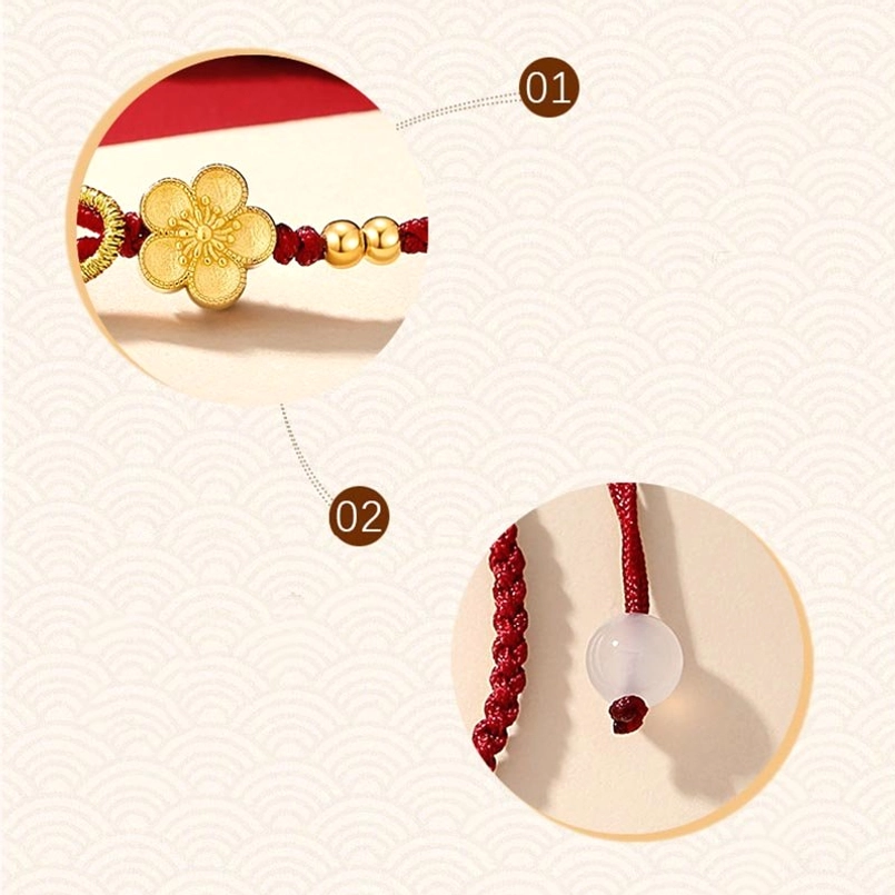 Sakura red string bracelet macro detail shots of charm braided cord and chalcedony beads