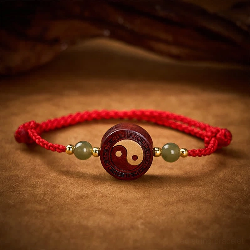 Red string bracelet with engraved wooden yin-yang charm close-up