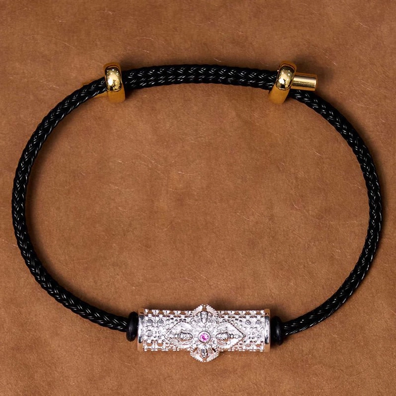Silver black string copper luck bracelet with enamel flower charm variant