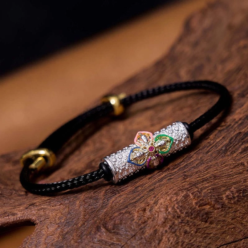 Silver colorful flower black string copper luck bracelet variant with enamel beads