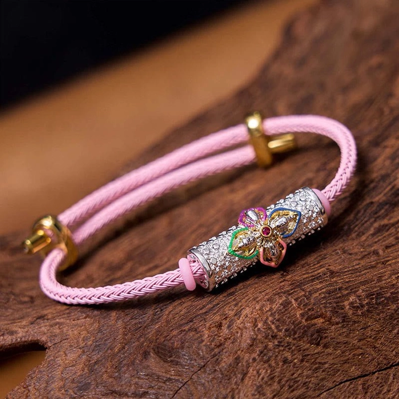 Silver colorful flower pink string copper luck bracelet with handmade enamel charm