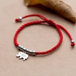 925 sterling silver elephant red string protection bracelet top view with dry leaf