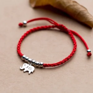 925 sterling silver elephant red string protection bracelet top view with dry leaf