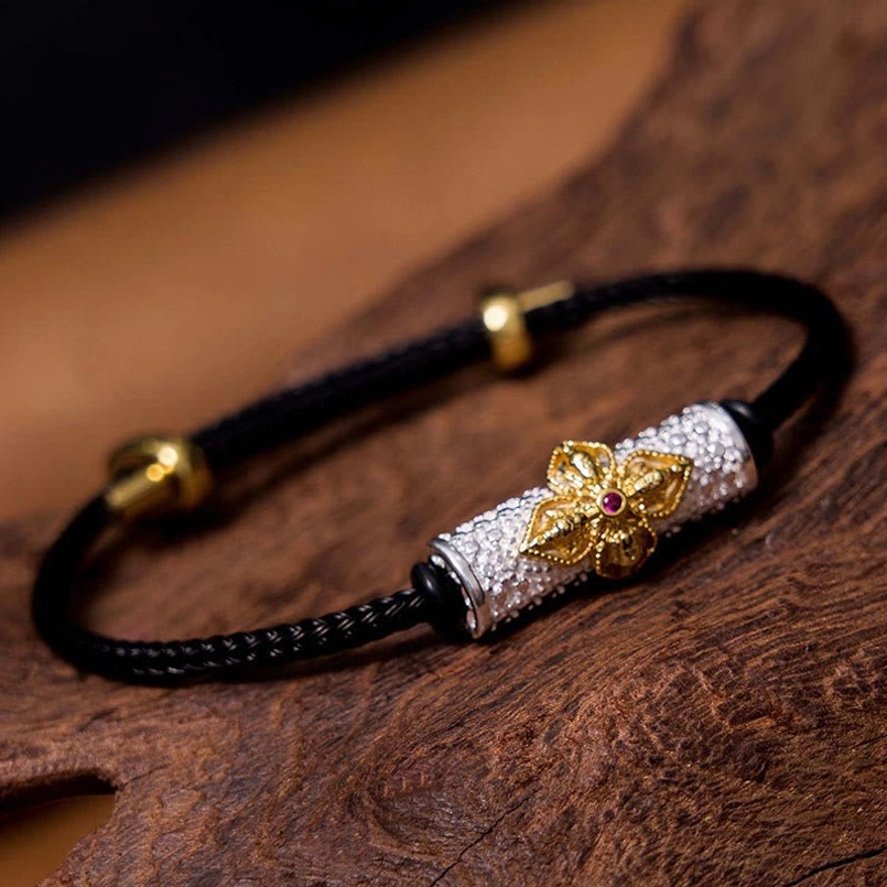 Silver gold flower black string copper luck bracelet variant with enamel charm