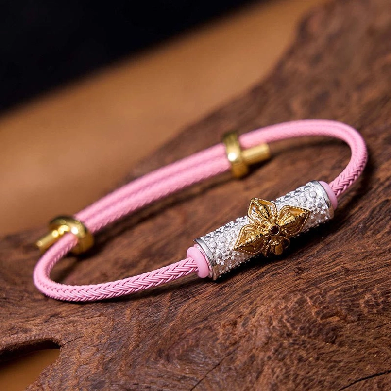 Silver gold flower pink string copper luck bracelet variant with enamel charm