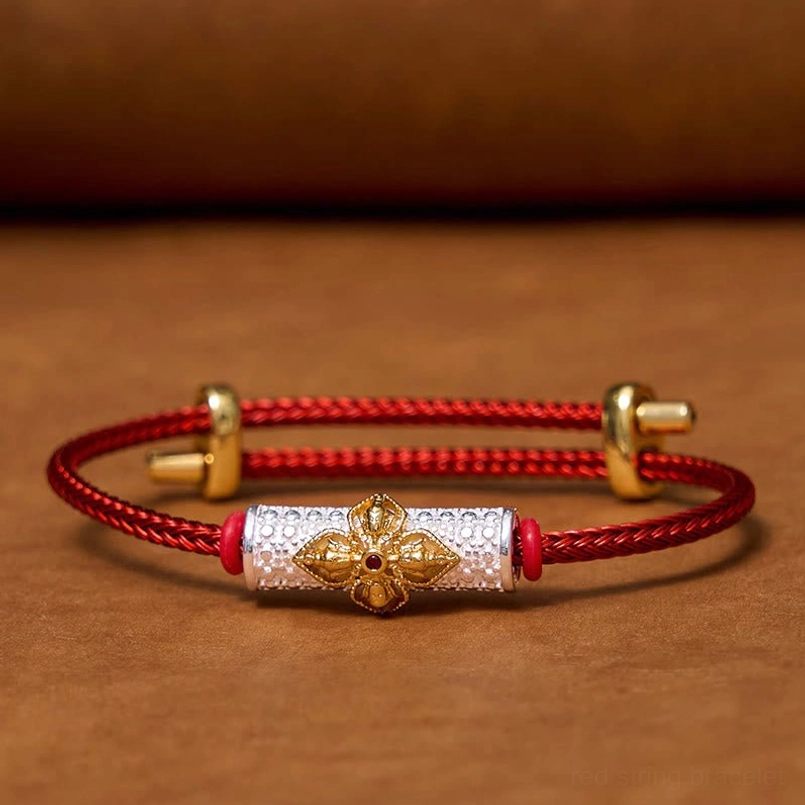 Red string bracelet with silver gold flower charm and colorful enamel design variant