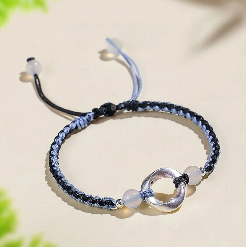 925 sterling silver Möbius agate bracelet with black braided cord, adjustable protection bracelet nature background