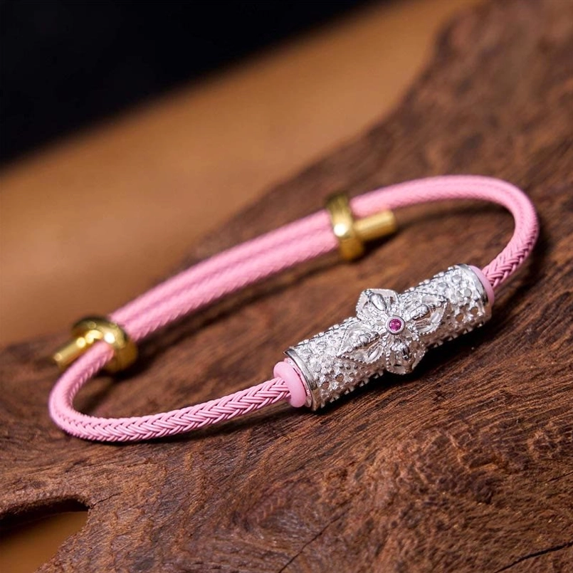 Silver pink string copper luck red string bracelet with adjustable flower charm