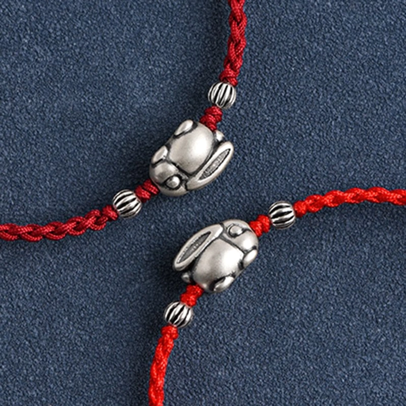Silver rabbit red string anklet bracelet adjustable sizing option