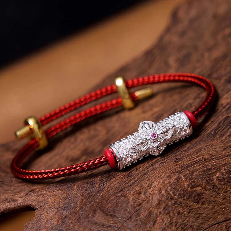 Silver red string copper luck bracelet with handmade flower charm variant