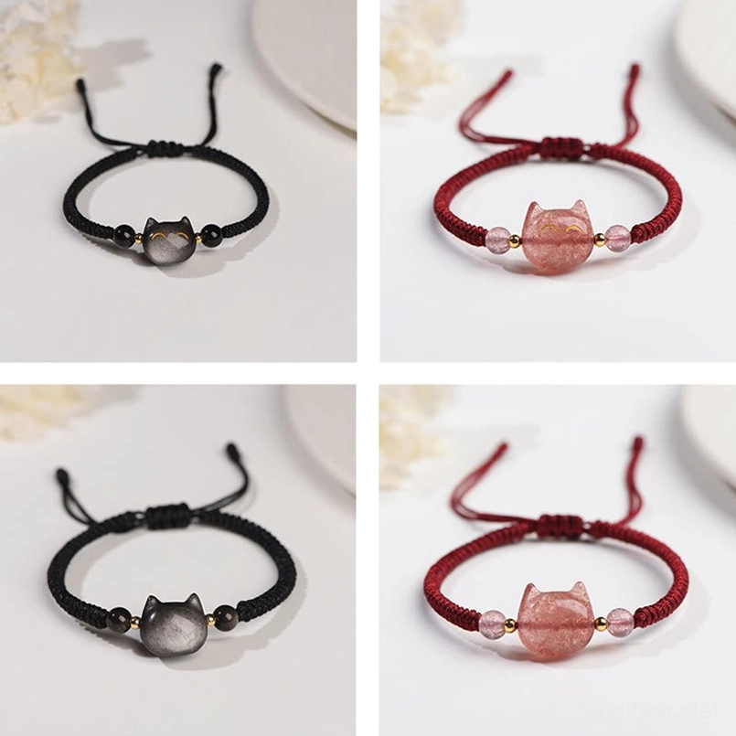 Smiling cat bracelet with natural stone beads, showing cheerful cat pendant and adjustable woven cord