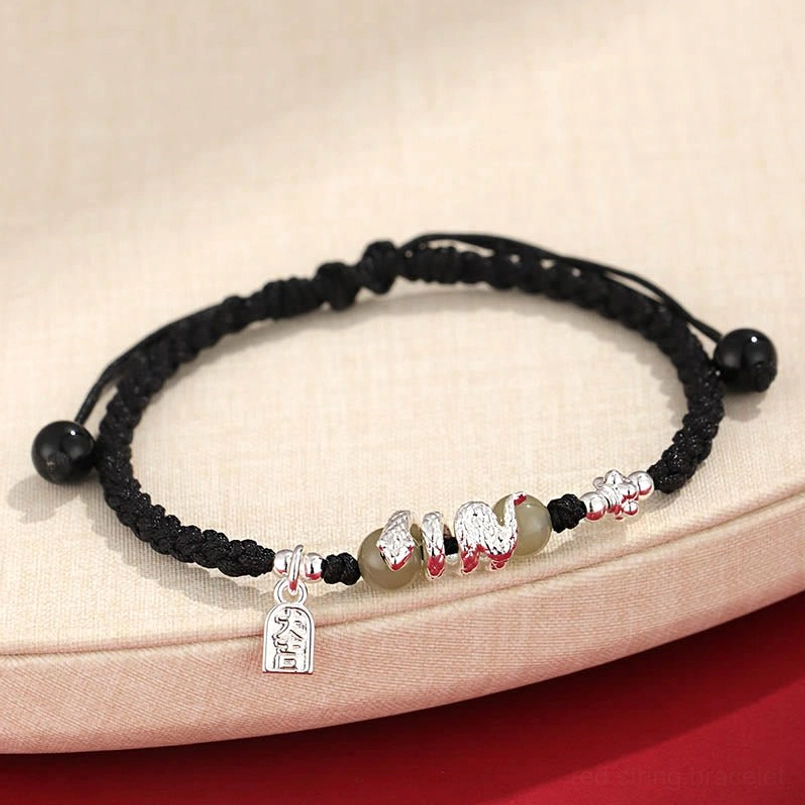 Snake year black rope protection bracelet with hetian jade and silver charm