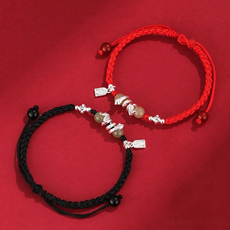 Dark red rope snake year bracelet with jade beads and silver snake decoration