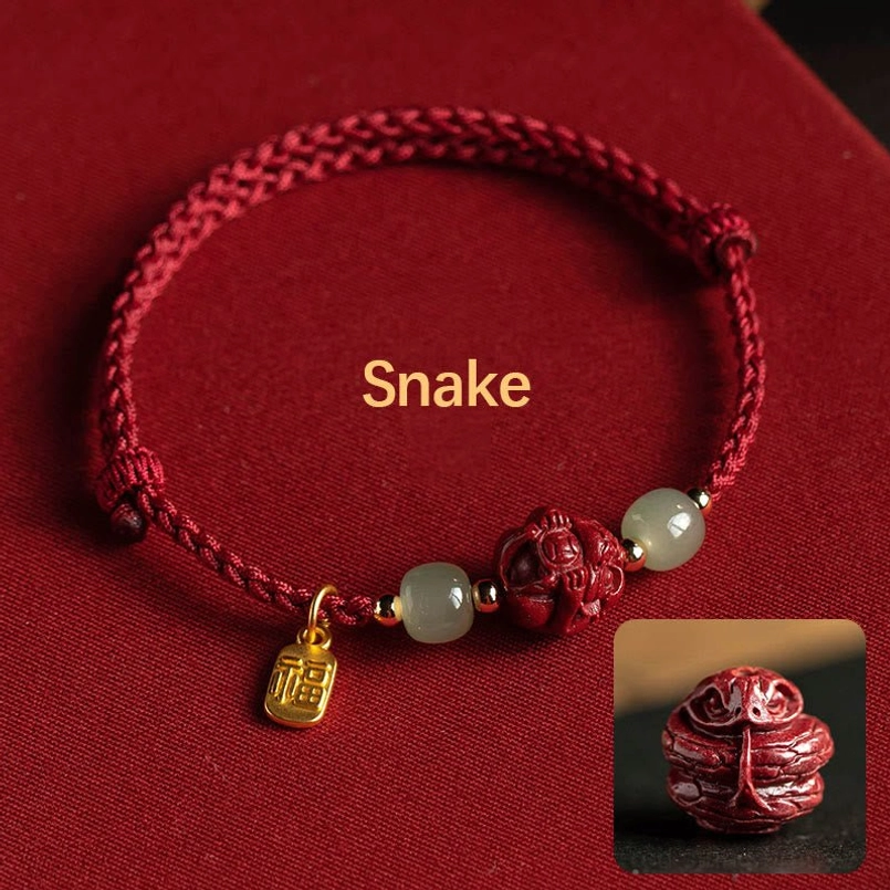 Snake zodiac cinnabar jade fu luck bracelet with red string - Chinese zodiac design