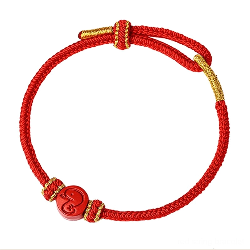 Snake zodiac red string luck bracelet with cinnabar pendant and adjustable gold clasp