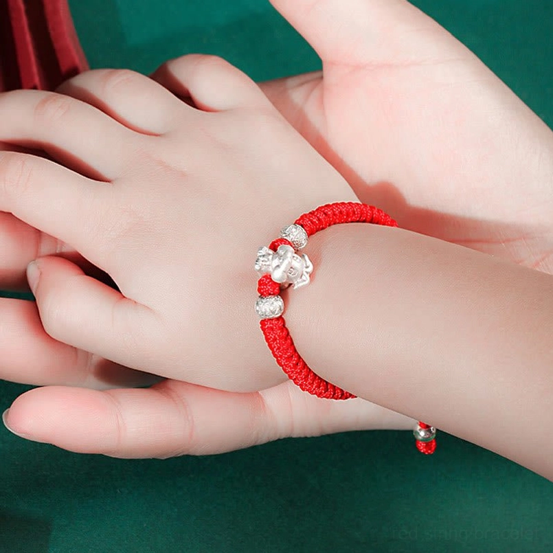 Snake Chinese zodiac 999 silver red braided string kids bracelet wisdom charm