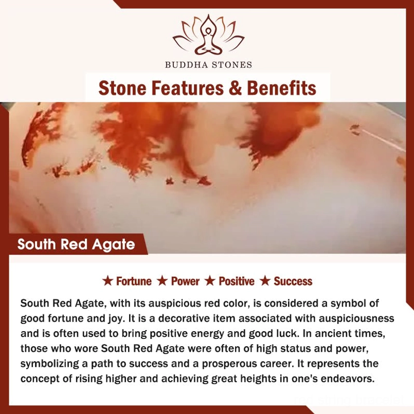 South Red Agate introduction graphic showing stone sample and luck positivity benefits