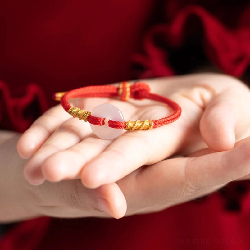 Spiritual healing red string bracelet with white chalcedony peace buckle and golden knots