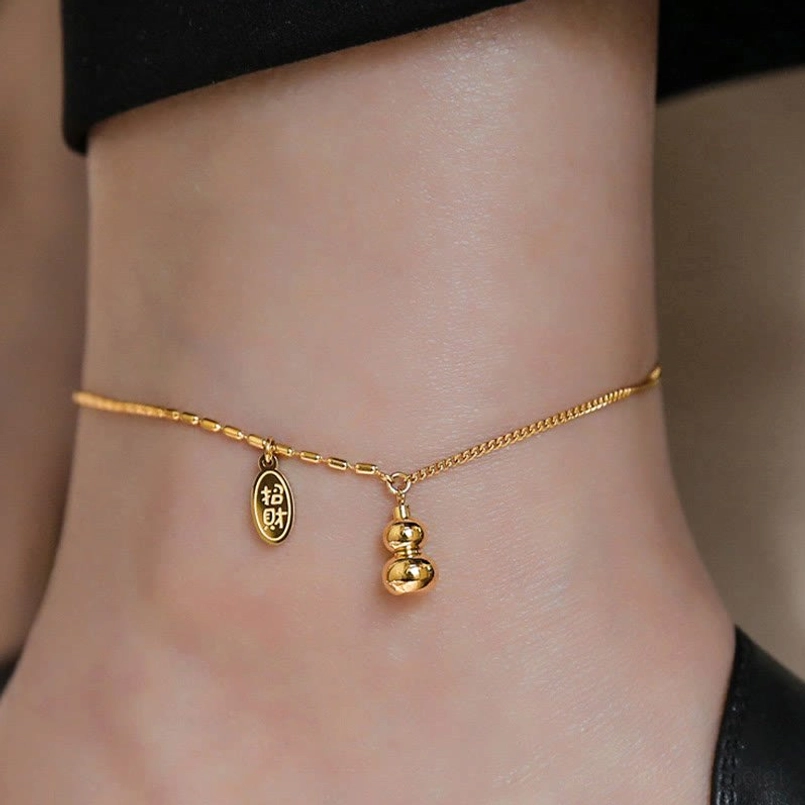 Spiritual lucky gourd ankle bracelet with dual hanging blessing and prosperity tags
