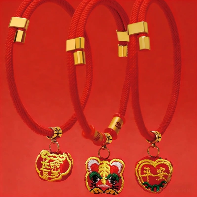 Spiritual red string pet collar with fu character and protective tiger design