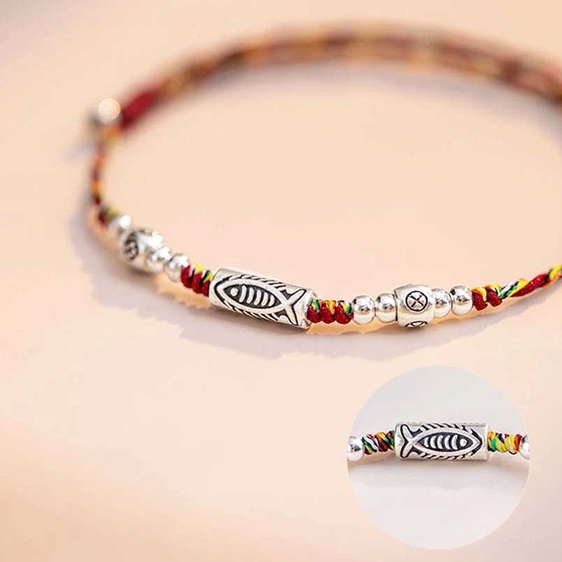 925 sterling silver koi fish charm engraved detail on red braided string bracelet