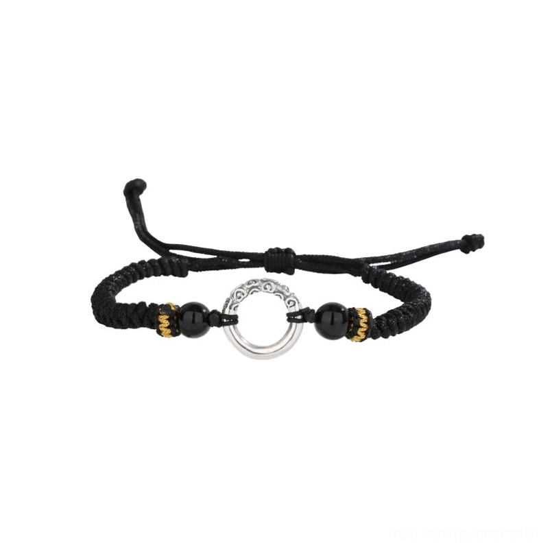 Sterling Silver Peace Buckle Braided Bracelet - Flat Lay Displaying Full Design with Black Cord and Silver Charm