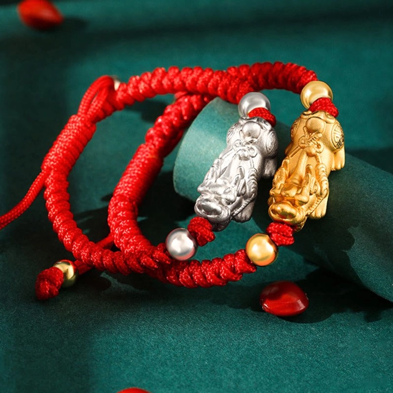 Sterling Silver Pixiu kids wealth bracelet with red braided cord and gold beads