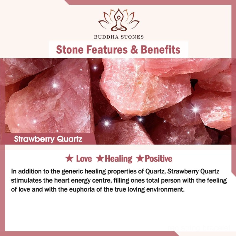 Strawberry quartz crystal healing properties card showing raw stones and love plus positive benefits