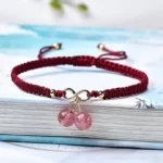 Strawberry Quartz Red String Bracelet with Natural Crystal Beads - Close-up Detail View