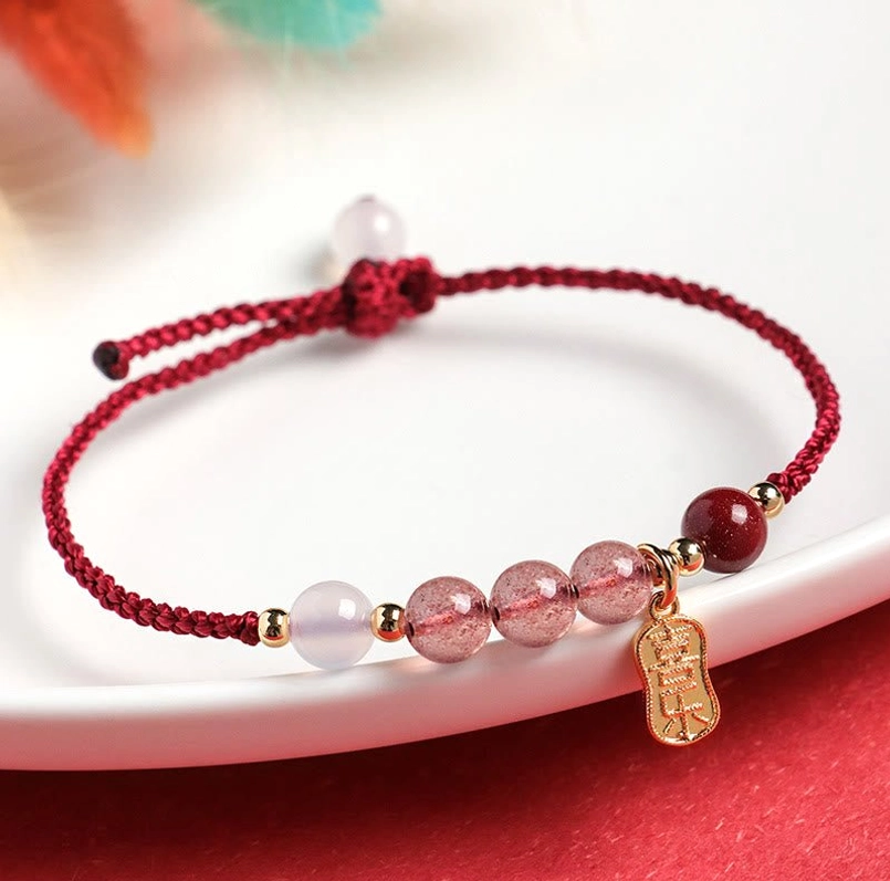 Strawberry quartz and white agate red string bracelet with blessing charm