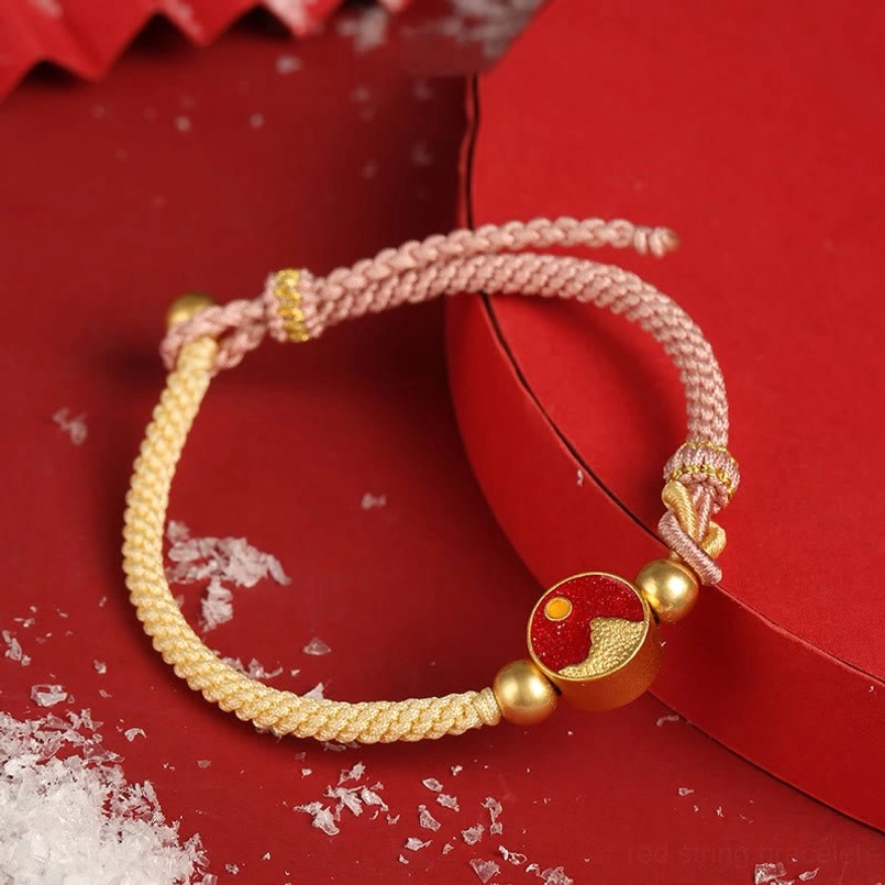 Women's sun and mountain couple bracelet variant with beige pink rope featuring enamel charm and copper beads