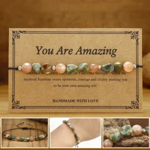 Sunstone and Rhyolite you are amazing bracelet with greeting card front view