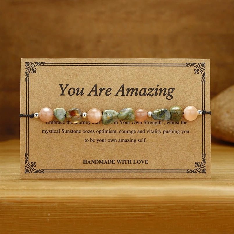 Adjustable stone bracelet overhead view on kraft card with natural stone beads