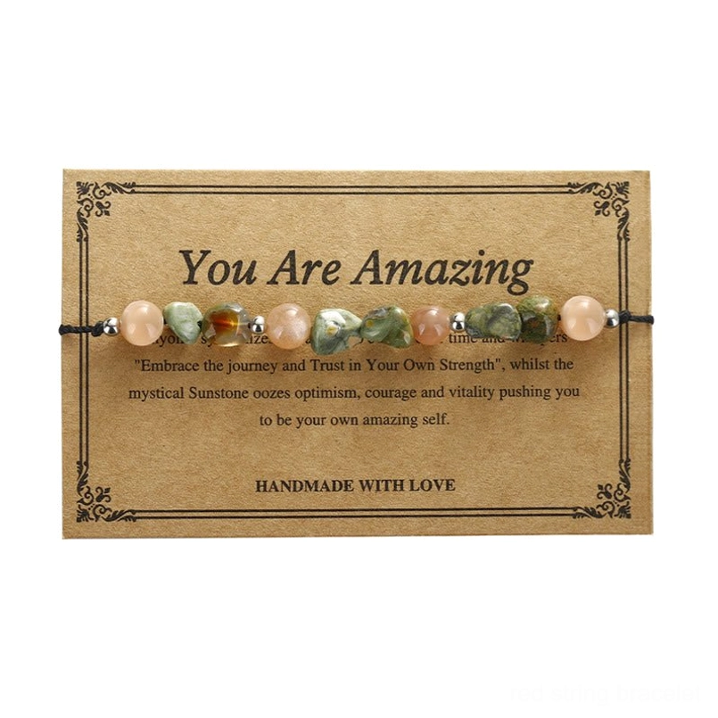 Natural healing stone bracelet with sliding knot featuring Sunstone and Rhyolite