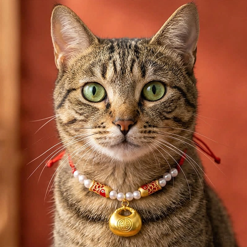 Tabby cat wearing red string fortune collar with pearl and koi fish charm on red background