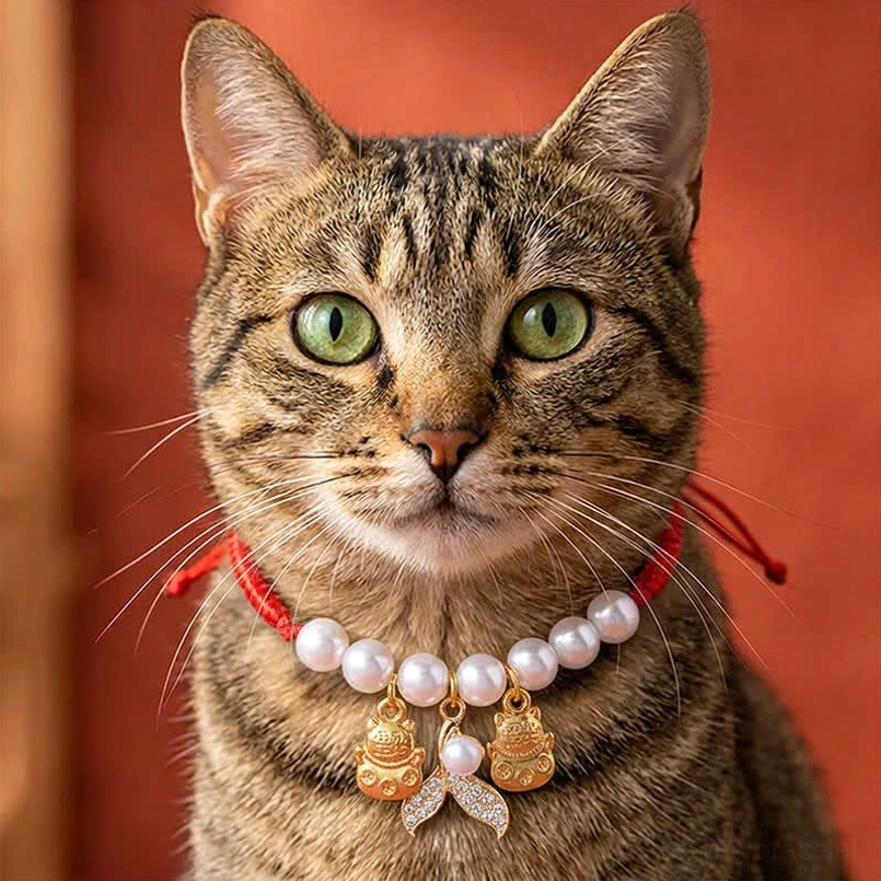 Tabby cat wearing red string pearl lucky cat fish tail protection pet collar in warm studio setting