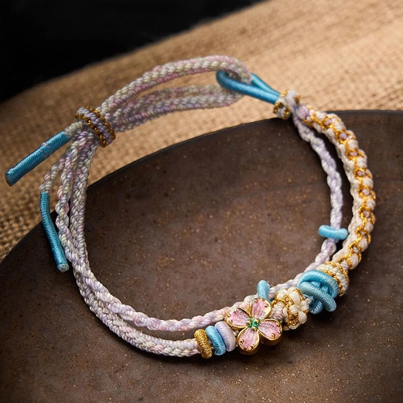 Thistle bracelet with purple flower accessory handwoven double layer