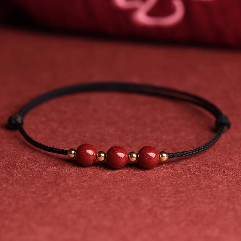 Three cinnabar bead black string bracelet alternative color option