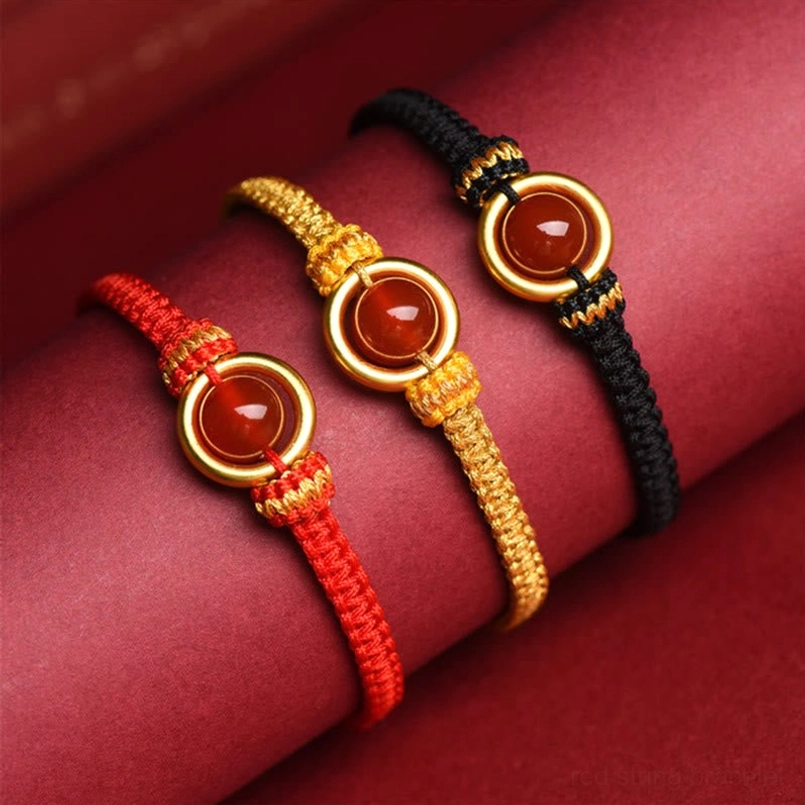 3 Styles Of Red Agate Peace Buckle Bracelet Overhead View On Red Satin Background