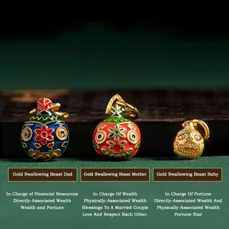 Three golden Swallowing Beast family charms for Feng Shui wealth and protection