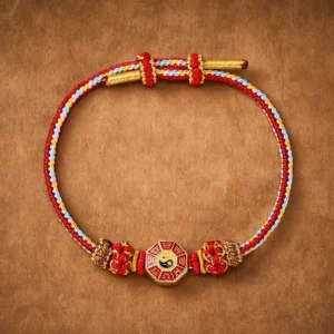 Tibetan Bagua red string bracelet top view flat lay showing multicolor woven cord with yin-yang charm