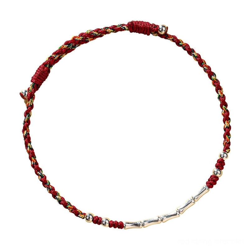 Handmade Tibetan bamboo protection bracelet with red and multicolor threads and copper silver decorative beads